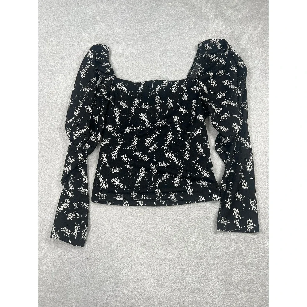Anthropologie Blouse L Black Floral Puff Sleeve Sweetheart Crop Romantic Boho